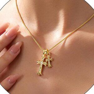 NEW Womens Gold Rhinestone Cross Necklace